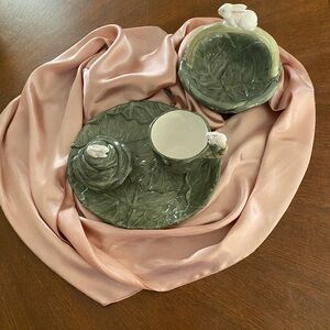 Vintage Department 56 Green Cabbage Ceramic Dining Set with Bunny Handle/Accents